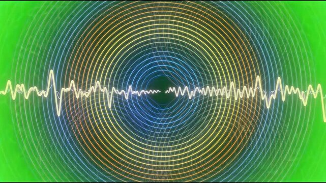 Abstract digital thought waves pulsating rhythmically across a flat chroma green canvas creating intricate mathematical interference patterns.