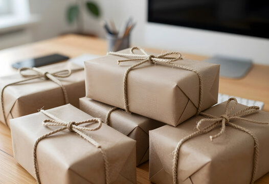 E-commerce delivery and online shopping, parcels wrapped in brown paper with twine on a desk for shipping logistics and small business order fulfillment