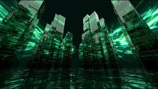 Abstract glass skyscrapers growing vertically inside a dark chroma green void reflecting complex arrays of pure green surrounding hues.