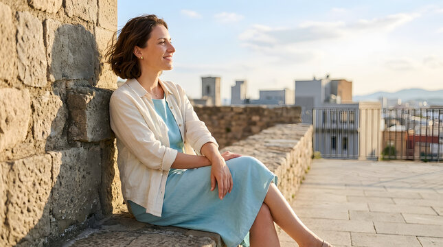 Woman city view, travel and lifestyle at sunset for vacation, tourism and adventure. Happy person, outdoor and relaxing on stone wall with skyline, freedom and peace in town for leisure activity