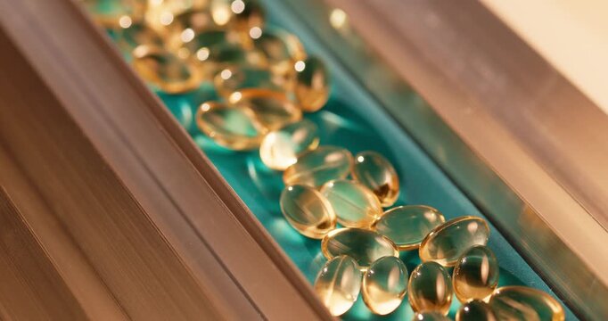 Slow motion gel capsules sliding along production conveyor in pharmaceutical factory tracking pan close.