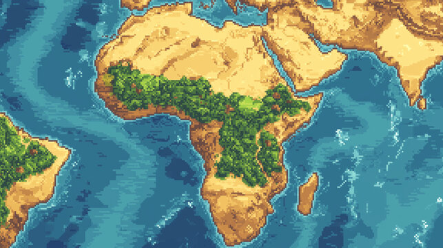 거대한 사막 대륙의 판타지 픽셀 지형 지도, Fantasy pixel terrain map of a massive desert continent