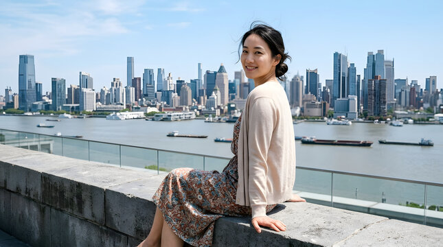 Asian woman, city skyline and rooftop view for travel, lifestyle and urban vacation. Happy person, skyscraper and river in metropolis with tourism, summer fashion, relax and outdoor adventure.