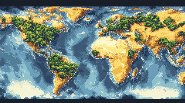 대서양 중심의 판타지 게임 픽셀 아트 세계지도, Fantasy game pixel art world map focused on the Atlantic