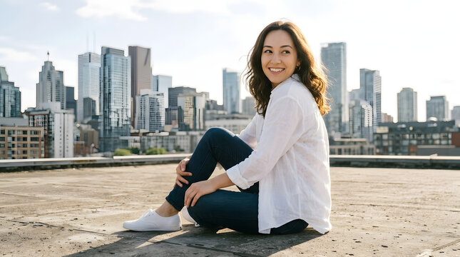 Woman, rooftop city and skyline for outdoor lifestyle, urban travel and fashion portrait. Happy person, smile and relaxation in summer with architecture, skyscrapers and professional career goals