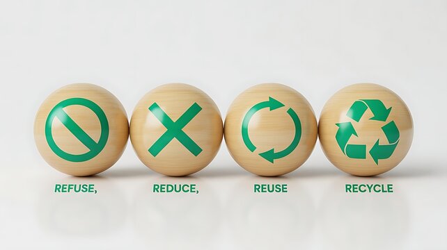 Close-up photograph of four wooden balls representing sustainability concepts refuse reduce reuse and recycle for environmental conservation