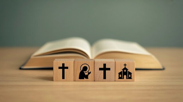 Wooden blocks with Christian symbols and an open Bible on a wooden table, representing faith and worship