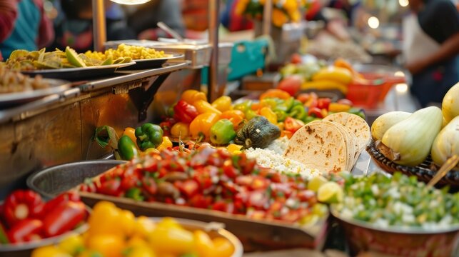 Bustling Street Food Stalls Featuring Diverse Fare