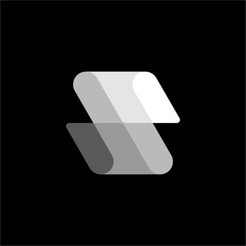 Modern 3D isometric letter S emblem built with stacked translucent grayscale segments. Perfect for data analytics, IT consulting, fintech, plus digital platforms.