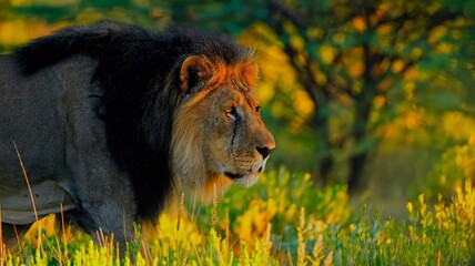 Male Lion with a Dark Mane Walking Through Brush in Golden Light © YOUSEF