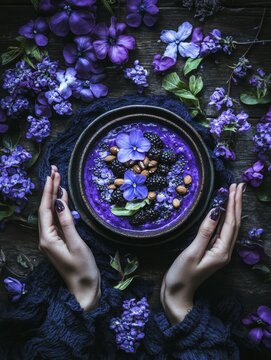 Vibrant purple smoothie bowl decorated with edible flowers, blackberries, and almonds, surrounded by violet blossoms on a rustic wooden background