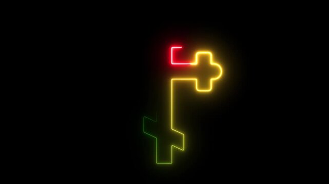 Neon puzzle pieces forming a cross shape in red yellow and green on black