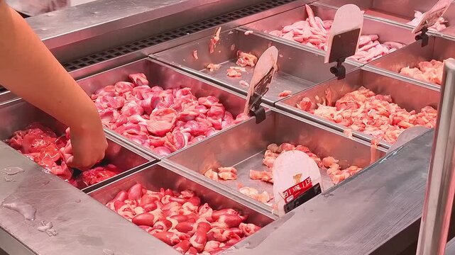 Customer hand using metal tongs to select fresh raw chicken entrails giblets in stainless steel tray at supermarket
