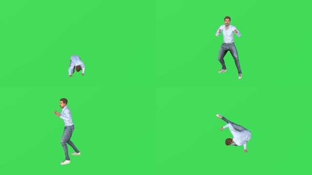 Man crawling forward on floor on green screen chroma key background in 4 view angles