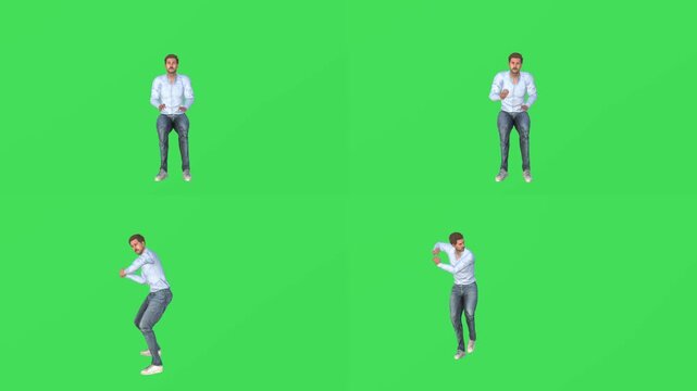 Man in boxing guard combat stance and ready to fight in 4 views on green screen chroma key