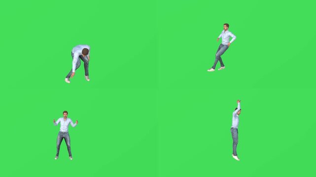 Man falling backward onto ground in 4 perspective view angles on green screen chroma key