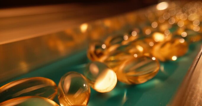Tracking shot of golden softgel capsules moving along conveyor belt on pharmaceutical production line with shallow focus, probe view.