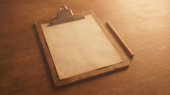 Blank vintage wooden clipboard with aged paper and a pencil on a rustic dark wooden desk top in warm sunset ambient lighting for creative business mockup or writing inspiration and note taki