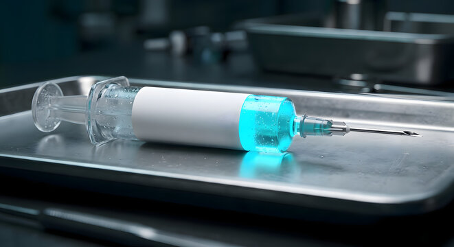 Blank glass syringe mockup with glowing cyan serum on surgical tray - V1