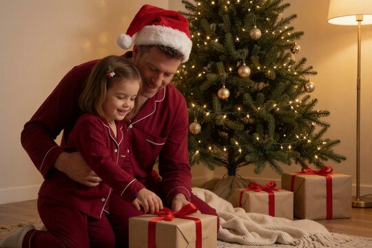 Father and daughter in matching holiday pajamas unwrapping presents near a warmly lit Christmas tree, capturing a cozy family moment.