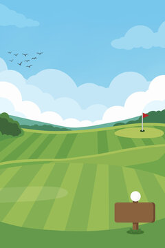 Golf course field background illustration with flag hole and golf ball