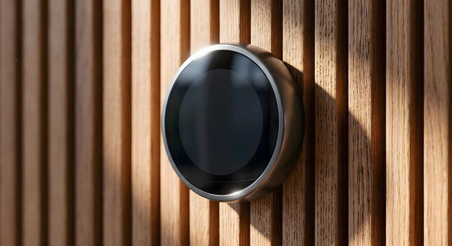Blank circular glass smart thermostat mockup on slatted oak wall - V1