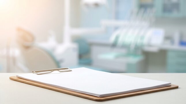 Blank clipboard with white paper on dentist office table background for medical clinic mock up concept with blurred dental equipment and bright professional lighting in dental clinic room se