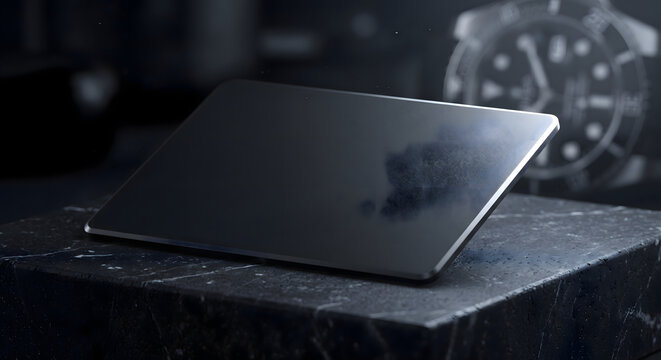 Blank matte black titanium credit card mockup on dark marble - V1