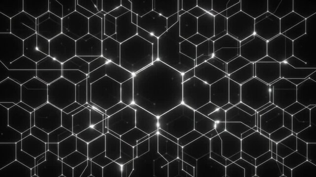 Abstract glowing circuit pattern and digital network on black background