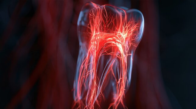 Detailed 3D illustration of human tooth anatomy with red glowing nerve and blood vessel network inside transparent enamel and dentin layers