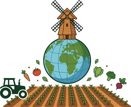 Global agriculture vector illustration with windmill on planet earth over farm field with tractor and fresh flying vegetables