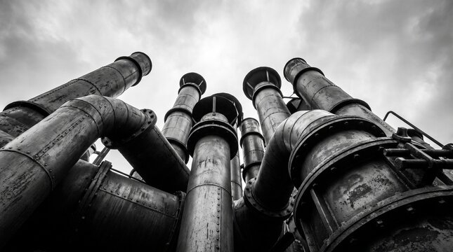 Low angle monochrome shot of industrial steel pipes and smokestacks under a cloudy sky emphasizing heavy metal textures and geometric structures in a gritty factory environment for engineeri