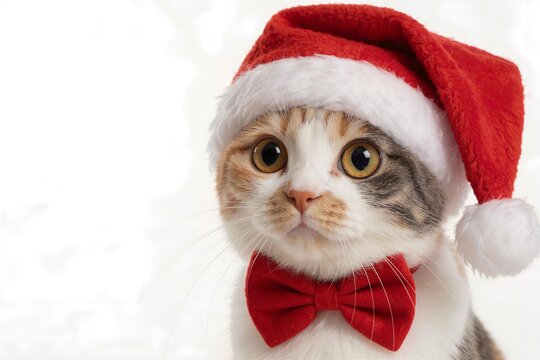 Adorable fluffy calico cat wearing a Santa hat and red bow, looking curiously at the camera against a white background.