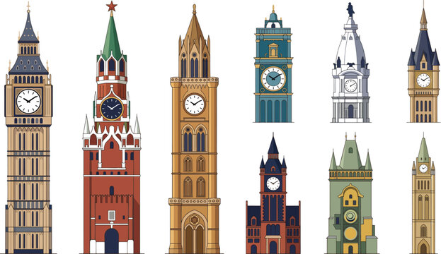 Famous world clock towers vector set featuring Big Ben Spasskaya Tower Kremlin gothic spires historic landmarks architecture isolated on white background