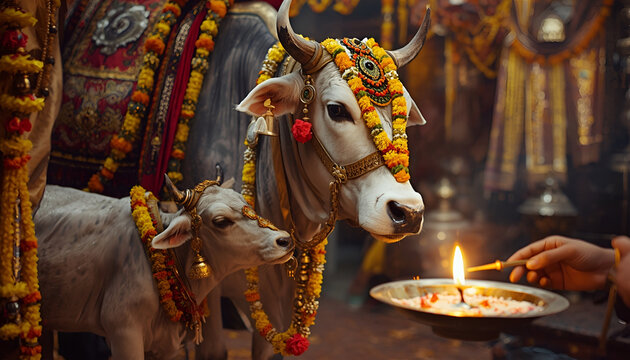 Sacred cow and calf decorated with marigold garlands during a hindu ritual