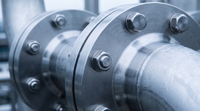 Close-up detail of heavy industrial metal piping connection with stainless steel flanges and bolts in a manufacturing facility setting captured with shallow depth of field and cool blue ligh
