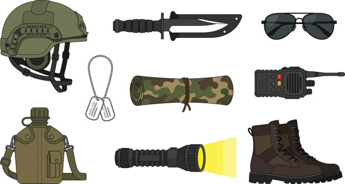 Military tactical equipment vector set featuring helmet combat knife dog tags canteen flashlight boots walkie talkie aviator sunglasses isolated on white