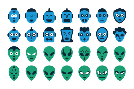 Set of blue robot heads and green alien faces with diverse expressions for futuristic user interfaces