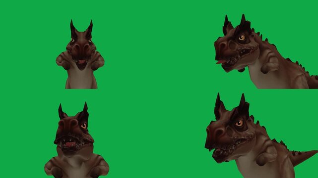 T-Rex dinosaur head close-up roaring with open jaws in 4 view angles on green screen