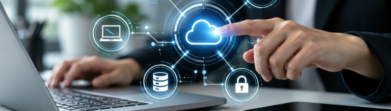 Cloud computing infrastructure management with digital security interface and network data technology concept for modern business