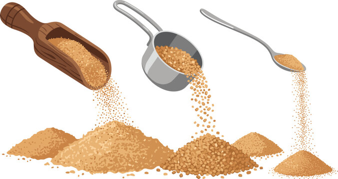 Brown Sugar and Grain Powder Pouring from Wooden Scoop Measuring Cup and Spoon Vector Set