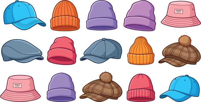 Casual Headwear Collection with Winter Beanies, Baseball Caps, and Bucket Hats for Fashion Graphic Layouts