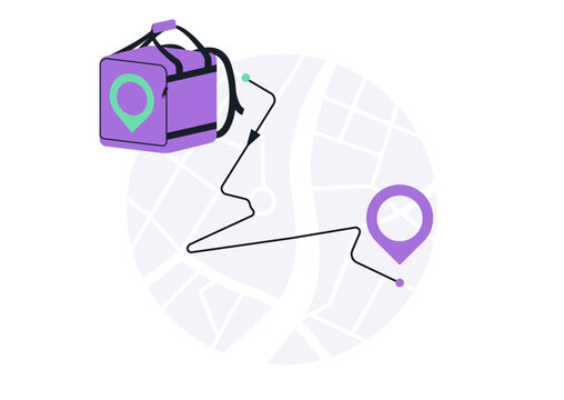 A lively route map designed for food delivery couriers displays a clear path marked with pins, The courier bag symbolizes the journey through the city, enhancing service efficiency.