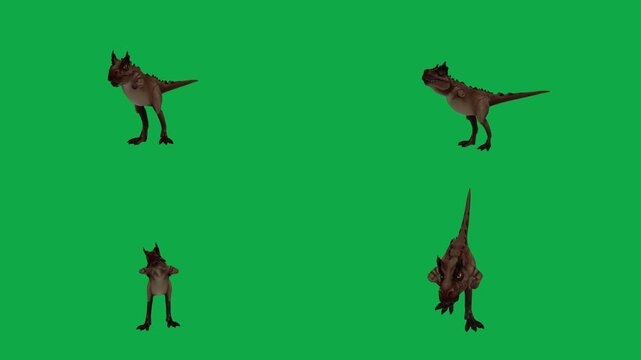 T-Rex dinosaur long shot full body from multiple camera distances on green screen