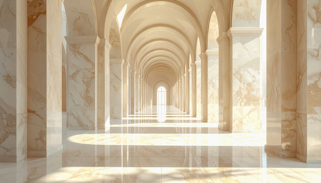An elegant marble arcade with natural light and arches creating a symmetrical perspective view