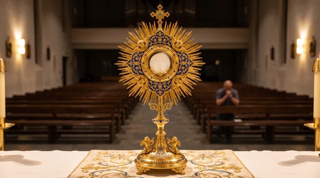 Catholic Monstrance with Host in Church with Praying Man