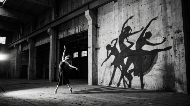 Ballerina dancing, casting dramatic shadow on concrete wall in industrial space