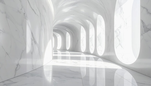 Modern futuristic marble corridor with arched windows and natural light