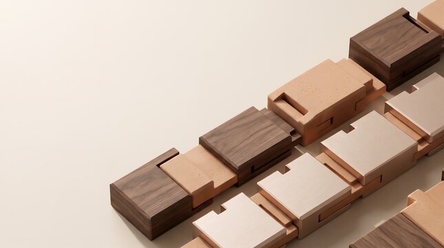 Abstract 3D geometric wood and stone interlocking blocks with copy space