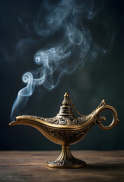 Magic lamp with smoke, fantasy and mystery concept, ancient genie oil lamp with mystical vapor on a dark wooden table for storytelling and folklore